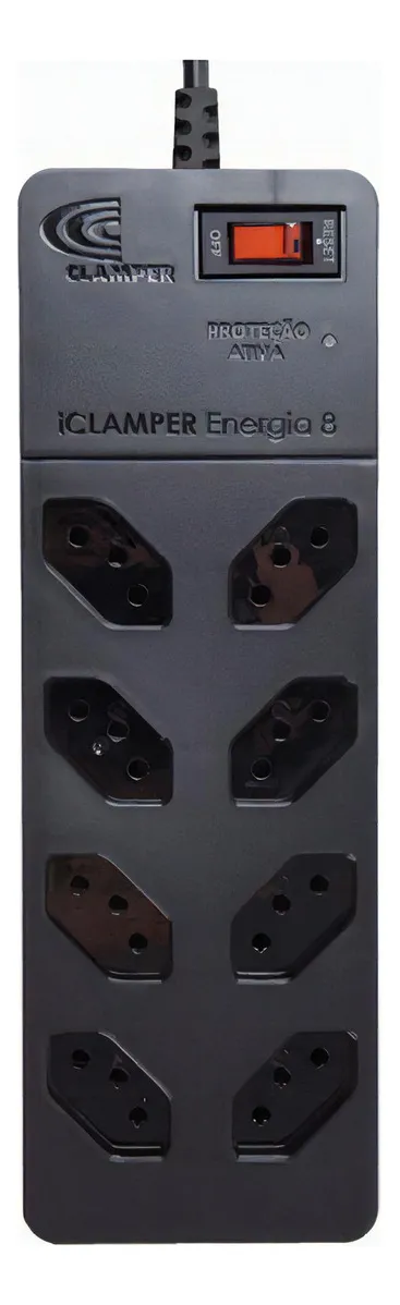 Filtro de Linha com Protetor de Surto DPS iCLAMPER Energia 8 Tomadas 3 Pinos 10 Amperes com Tecnologia LCF Anti Raio Cor Preto