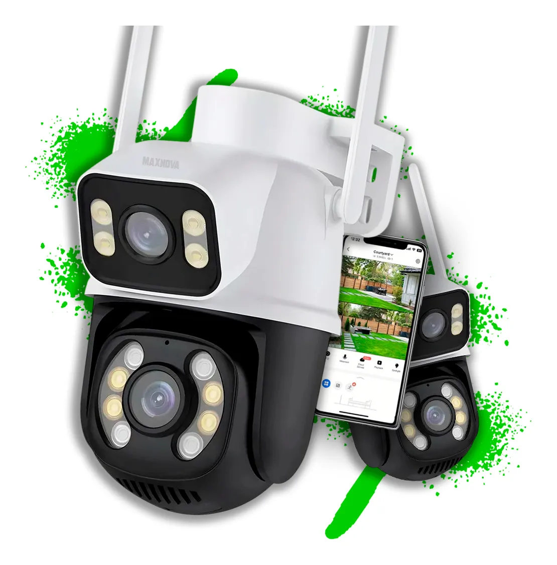Camera De Segurança Ip Externa Wifi Dupla Lentes 2 Em 1 Visao Noturna Cor Branco com preto