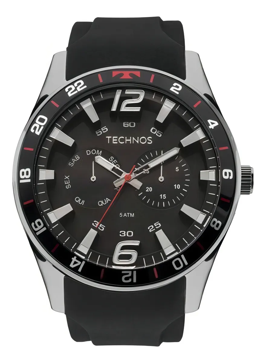 Relógio Technos Masculino Prata Vermelho Pulseira Silicone Cor da correia Preto Cor do bisel Preto Cor do fundo Preto