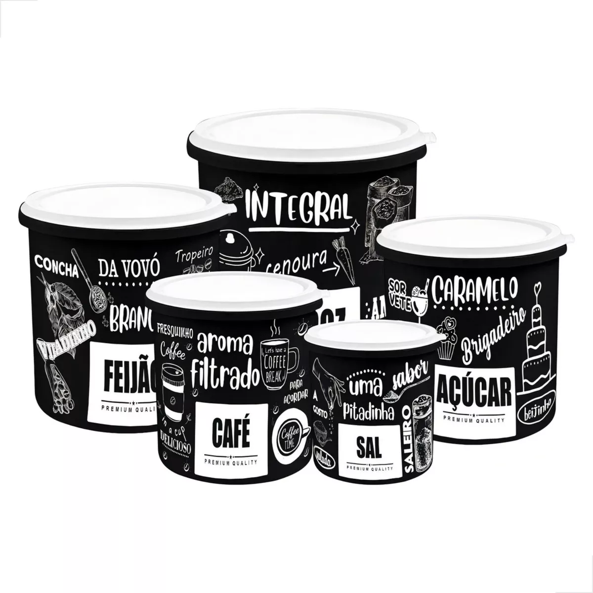 Kit 5 Potes De Mantimentos Plástico Decorado Preto Frases