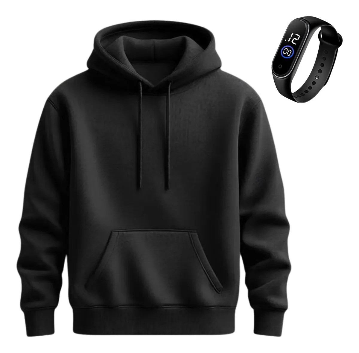 Kit Moletom Blusa De Frio Canguru Liso Algodão + Relogio