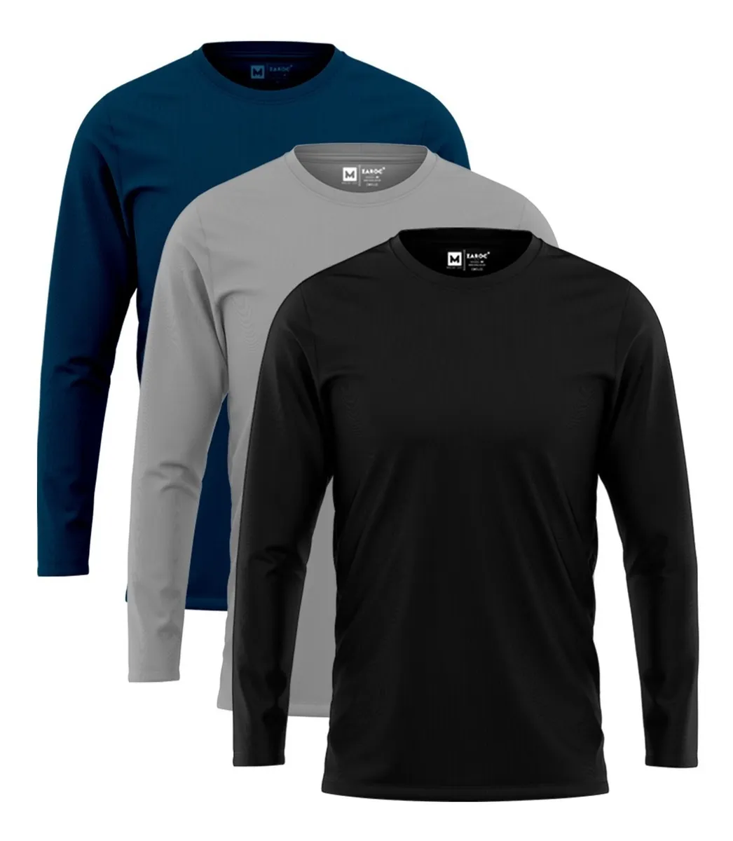 Kit 3 Camiseta Manga Longa Masculina Slim Algodão 30.1 Zaroc