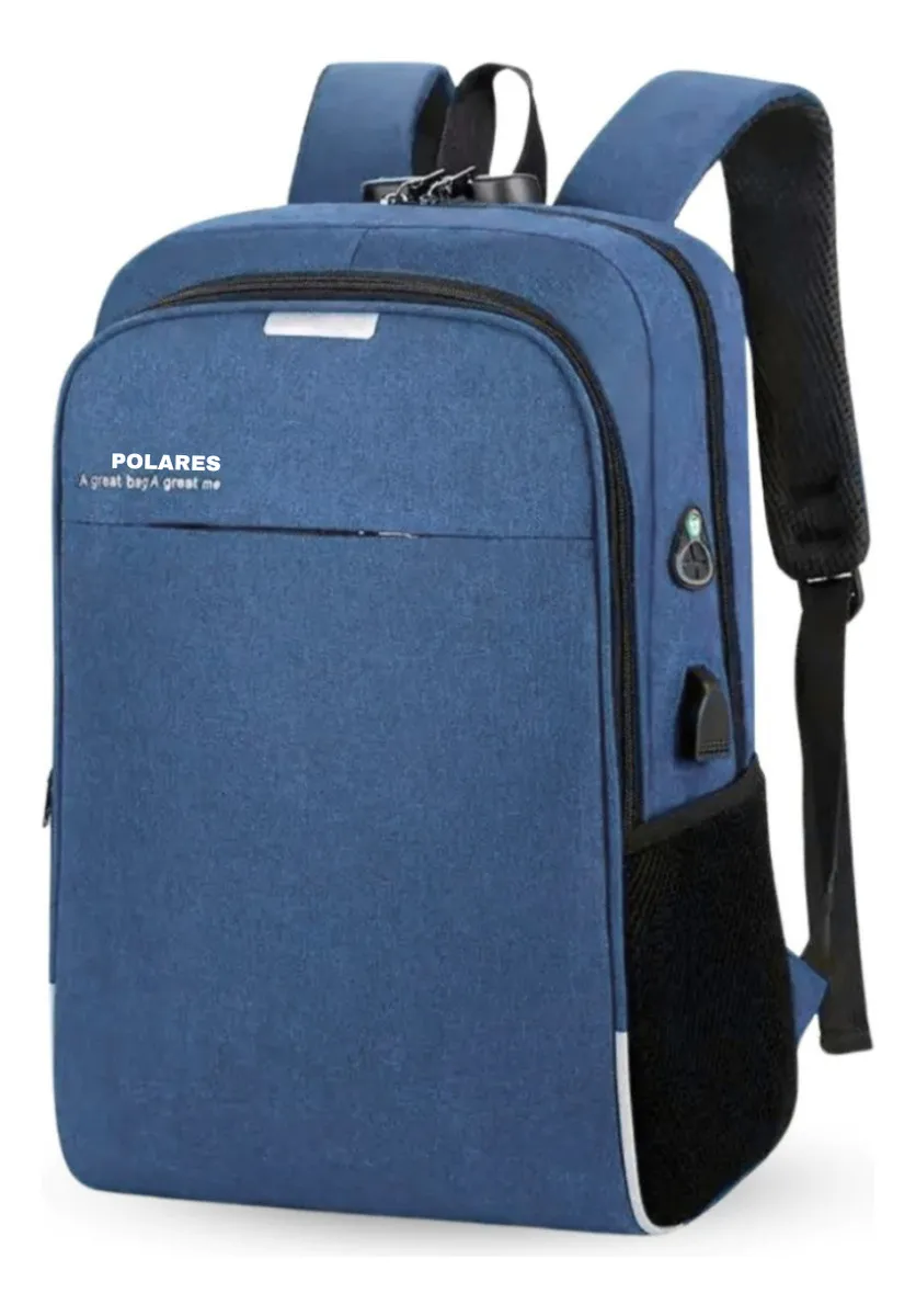 Mochila Anti Furto Polares Notebook Saída Cabo Aux Usb E Fone Ouvido Azul