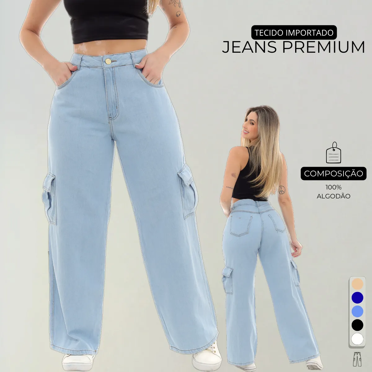 Calça Cargo Preta Jeans Feminina Wide Leg 34 Ao 44 + 5 Cores
