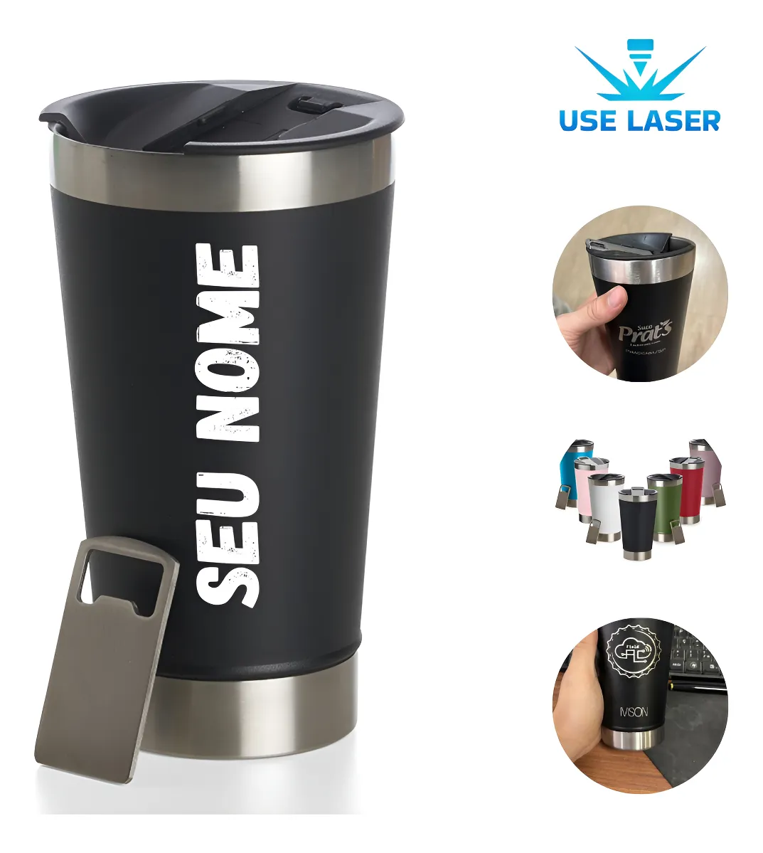 Copo Térmico Personalizado C/ Nome Logo Time C/ Tampa E Core Cor Preto