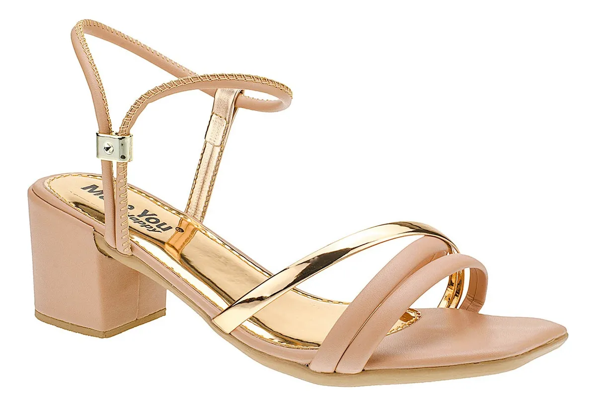 Sandália Feminina Salto Baixo Tres Tiras Bico Quadrado Moda