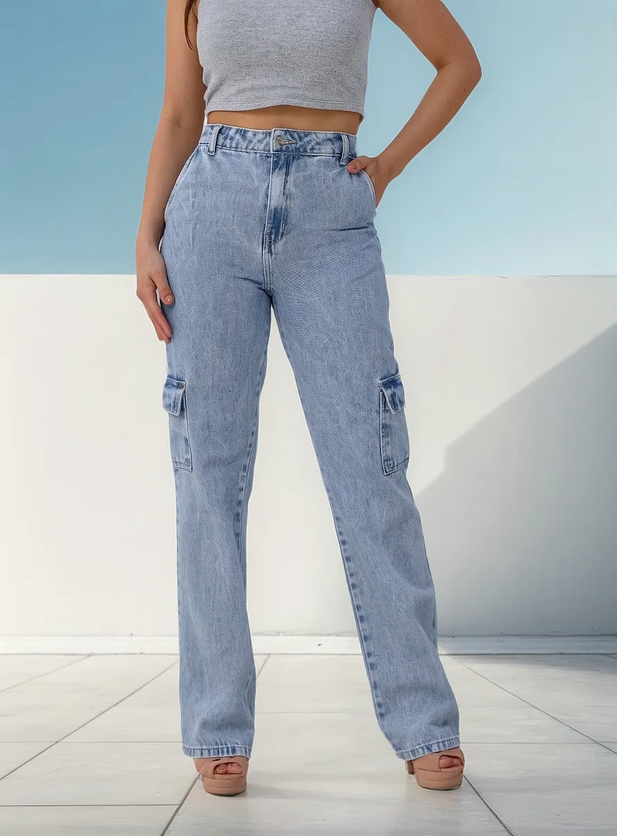 Calça Jeans Feminina Cargo Cintura Alta Sem Lycra