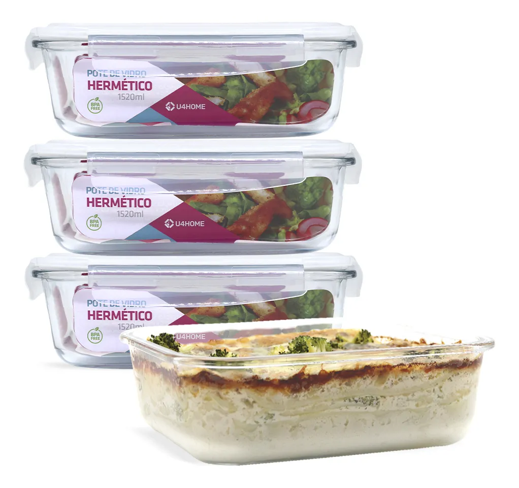 Kit 4 Potes Vidro Hermético Retangular 1520ml Grande Cor Branco Nabox