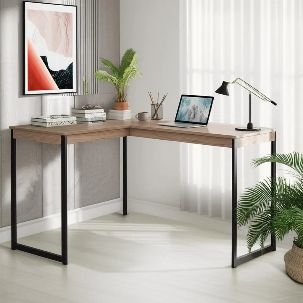 Escrivaninha Mesa Em L Industrial De Canto Nórdico Meslmagn 150x74x45 Vintage Ferro E Madeira Laminado Com Preto Sofa Sogude