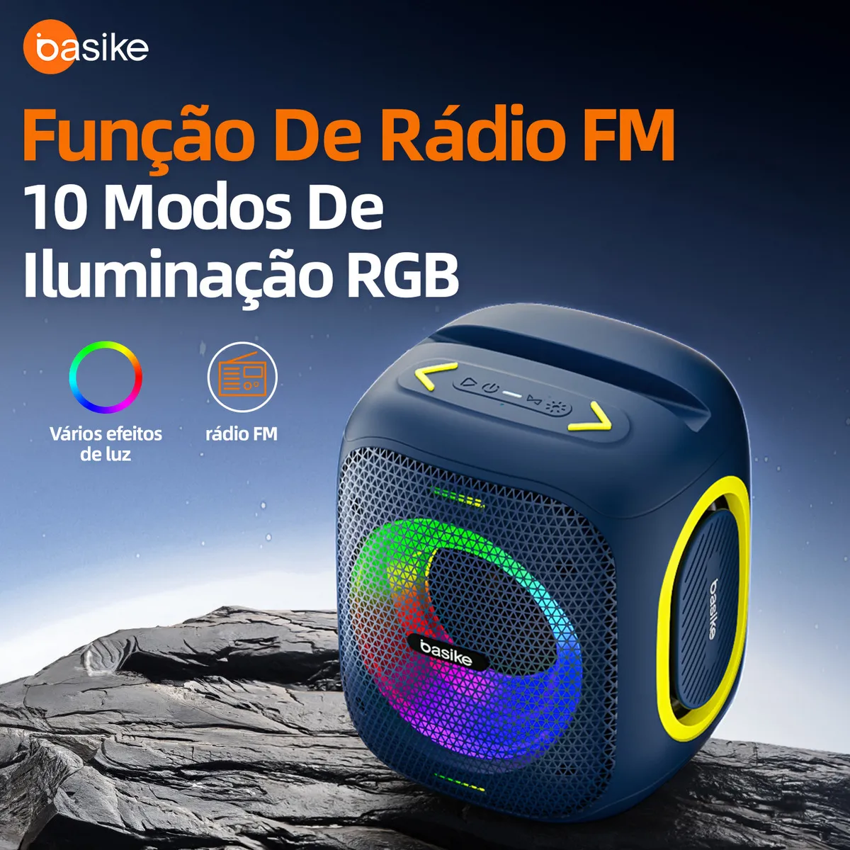 Caixa de Som Portatil Bluetooth Rádio FM Subwoofer Ativo Boombox HIFI Com RGB TWS Bateria 8h Cor Azul Marinho Basike Ba-RAD127