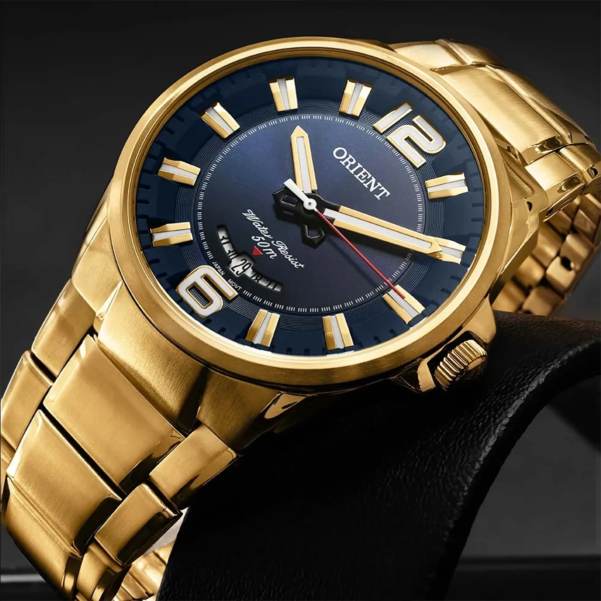 Relógio Orient Masculino Dourado Prova D'água Banhado A Ouro Cor do fundo Azul