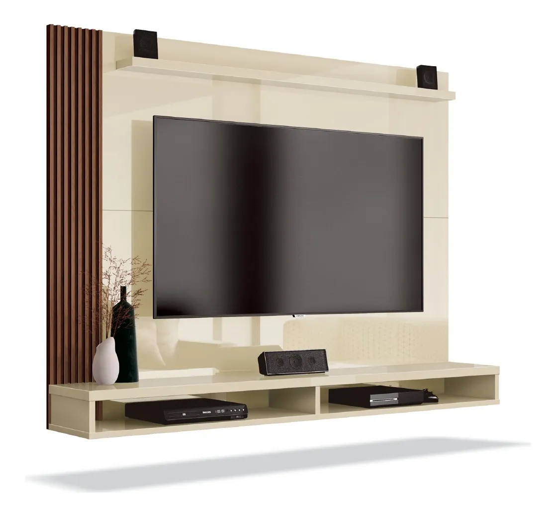 Painel Para TV Até 50 Polegadas Dijon Ripado Com Prateleira Off White / Naturale