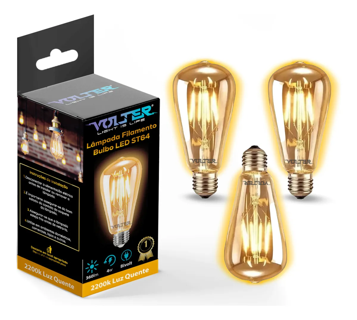 Kit 3 Lâmpada Filamento Led Decorativa Retrô Vintage Âmbar Cor Da Luz Branco-quente