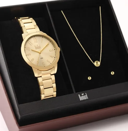 Kit Relógio Feminino Dourado Dumont Com Semijoia