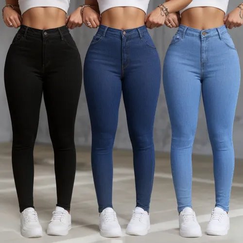Kit 3 Calça Jeans Feminina Skinny Com Elastano Cintura Alta