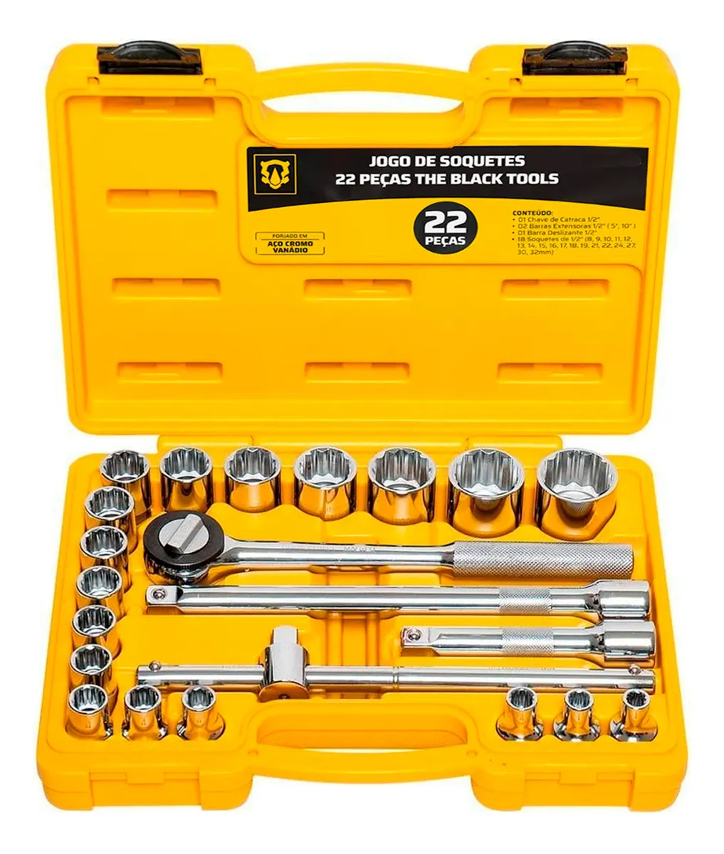 Jogo De Soquete Black Tools BCS022 Reversível 1/2 Pol Profissonal Com Catraca