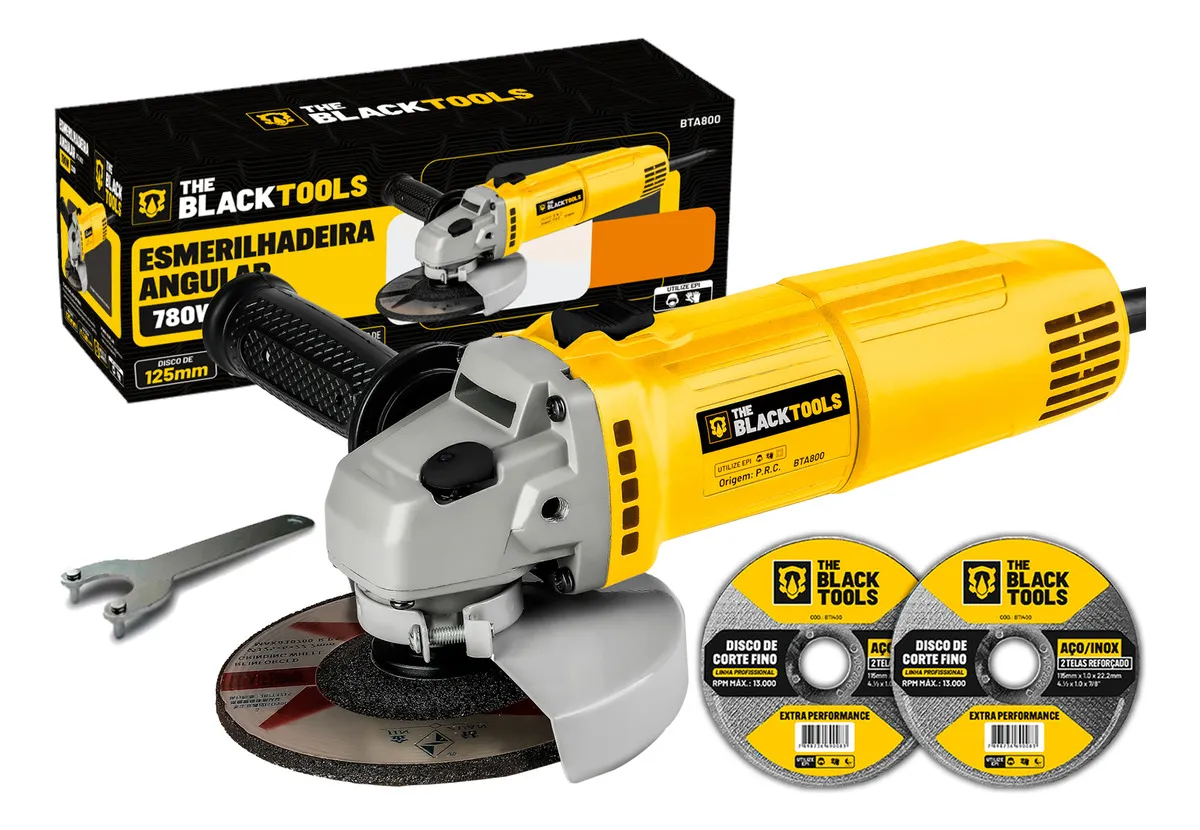 Esmerilhadeira Lixadeira Angular 4.1/2 11000rpm 780w The Black Tools Cor Amarelo Com 2 Discos De Corte
