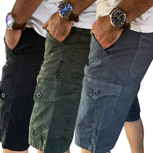 Kit/combo 3 Bermudas Masculinas Cargo Em Brim/sarja 6 Bolsos