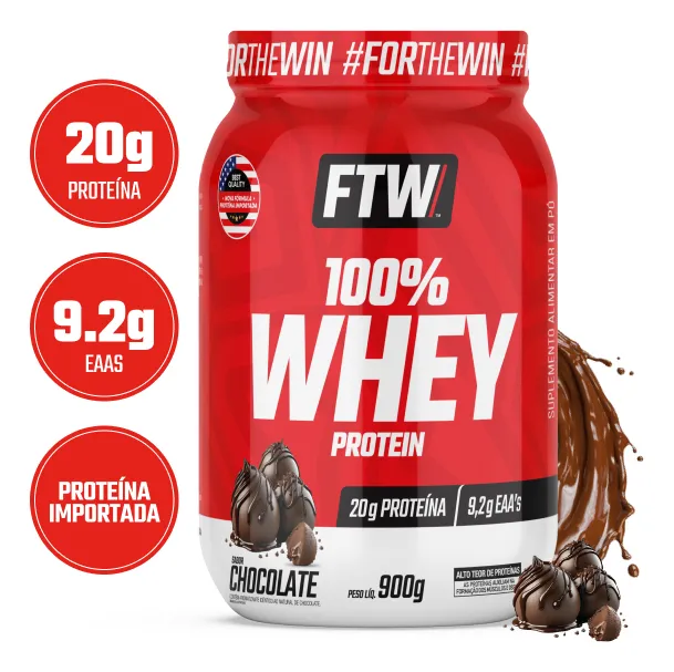 Whey Protein 100% Concentrado Pote 900g Sabor Chocolate - FTW