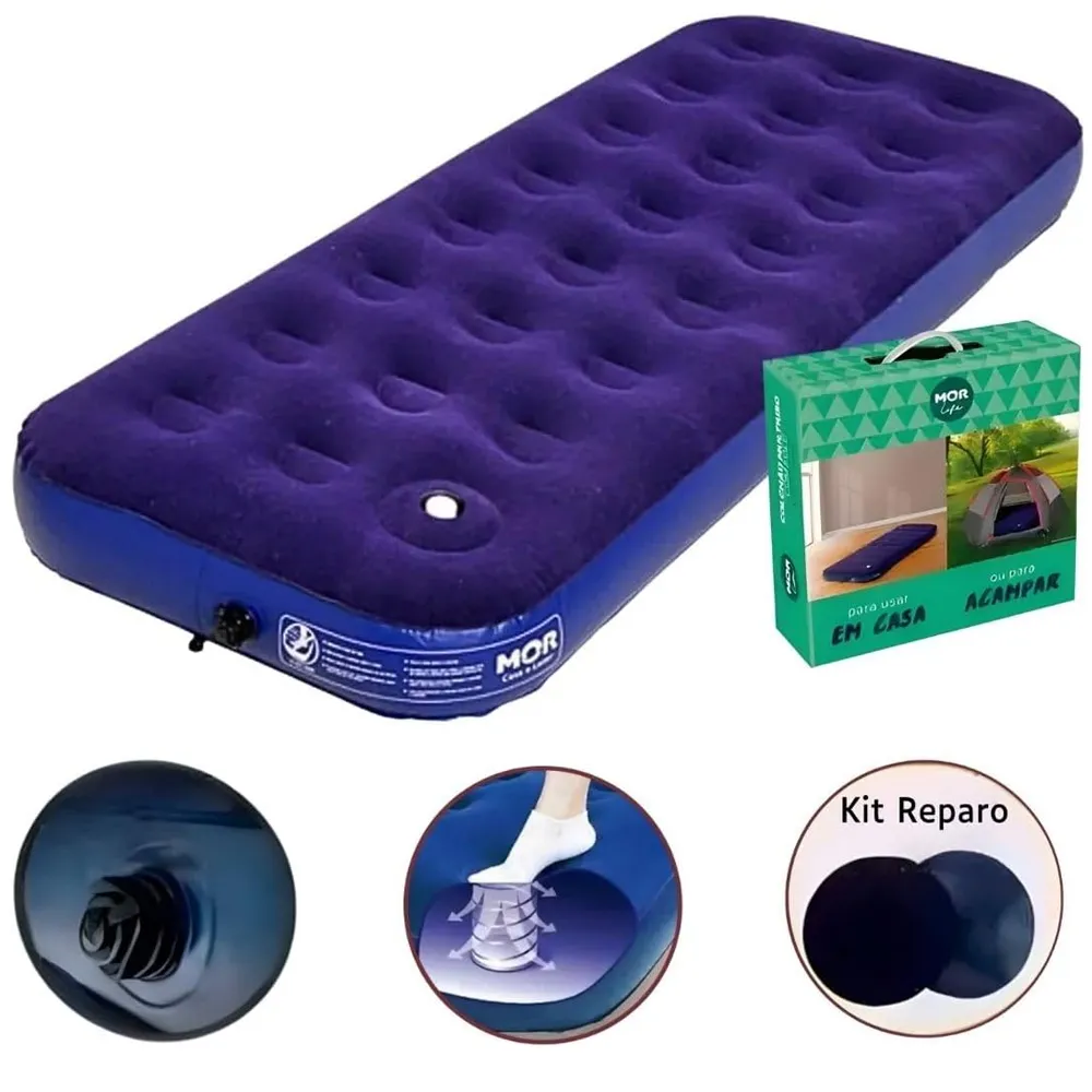 Colchão Inflavel Solteiro Multiuso Mor C/ Inflador Embutido + Kit Reparo