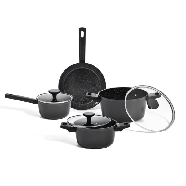 Oikos - Jogo com 4 Panelas Antiaderentes de Revestimento Cerâmico para Fogão por Indução, a Gás, Elétrico e Vitrocerâmico Cor Preta Mou Chia