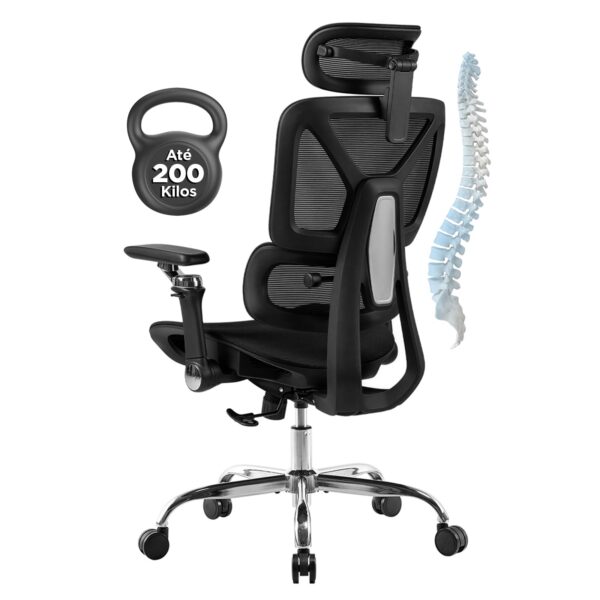 Cadeira Ergométrica Escritório Ajuste Lombar Mesh Malha Tecido Respirável Comfy Giratória Braços 6D Suporta 200 Kg Home Office Executiva Móveis Poltrona Gamer Estudo Confortável Ergonômica