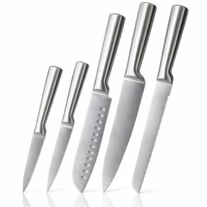 Jogo de Facas em Aço Inox 4Cr13 — Conjunto de Facas 5 Peças Profissionais | Lâmina Monobloco Ultra Afiada, Cabo Ergonômico, Resistente à Ferrugem | Design Brilhante Bancada | Kit Chef, Pão e Churrasco