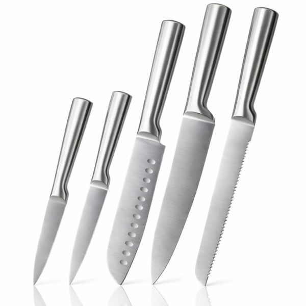 Jogo de Facas em Aço Inox 4Cr13 — Conjunto de Facas 5 Peças Profissionais | Lâmina Monobloco Ultra Afiada, Cabo Ergonômico, Resistente à Ferrugem | Design Brilhante Bancada | Kit Chef, Pão e Churrasco