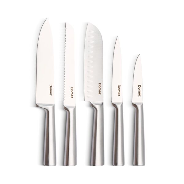 DOMEZ Jogo de 5 Facas Inox 4Cr13 | Conjunto de Facas de Cozinha Profissional | Faca Chef, Faca de Pão e Faca Churrasco | Design Ergonômico e Resistente à Ferrugem