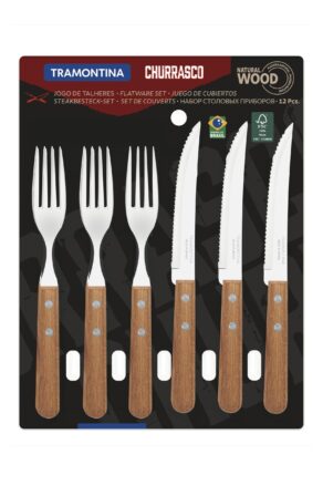 JOGO DE TALHERES PARA CHURRASCO DYNAMIC SORTIDOS COM LAMINAS DE ACO INOX E CABOS DE MADEIRA - 12 PEÇAS
