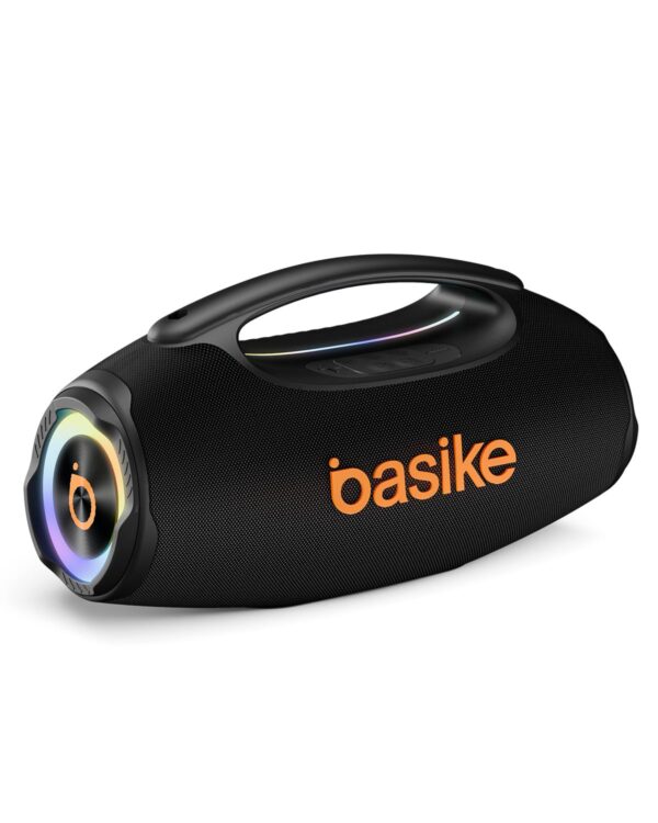 Basike Caixa de Som Bluetooth Portátil 80W RMS (Pico 120W), TWS Estéreo, Modos EQ, Luzes RGB, IPX6 Resistente à Água, Bateria 8000mAh, para Home Theater, Festa e Uso Externo – Preto