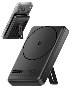 Power Bank 10000mAh Indução, Basike Carregador Portatil com Carregamento Sem Fio 15W(MAX) + Cabo Tipo C 22.5W(MAX)– Bateria Externa com Suporte Integrado Universa Compatível com MagSafe (Preto)