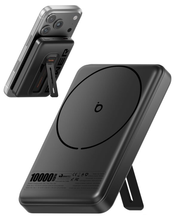 Power Bank 10000mAh Indução, Basike Carregador Portatil com Carregamento Sem Fio 15W(MAX) + Cabo Tipo C 22.5W(MAX)– Bateria Externa com Suporte Integrado Universa Compatível com MagSafe (Preto)