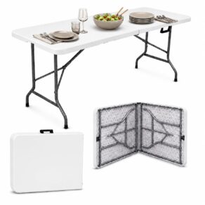 Mesa Dobrável 1,80m Portátil Branca Tipo Maleta com Alça – Resistente e Leve, Ideal para Camping, Praia, Jardim, Festas e Área Gourmet Interna ou Externa