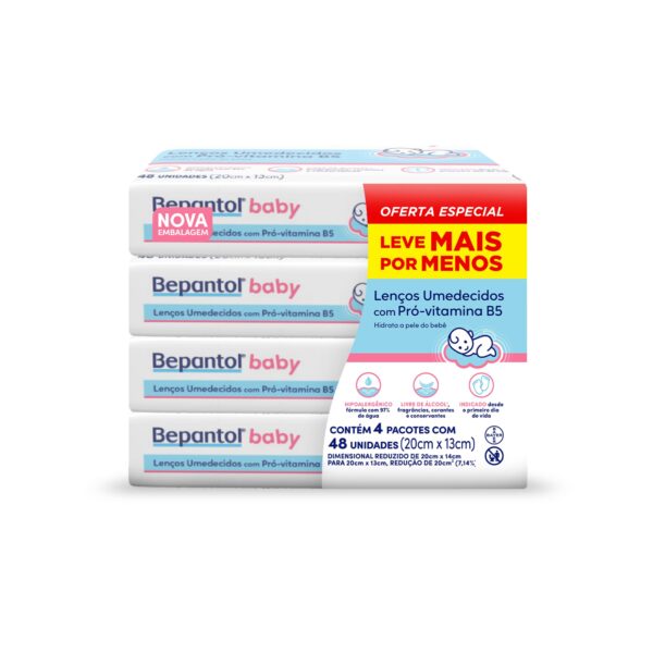 Bepantol Baby Lenço Umedecido para Bebê, Hipoalergênico, Kit Leve 4 Pague 3, 192 Unidades