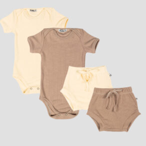 Kit 2 Conjuntos RN ao GG Body Bebê Manga Curta e Short Canelado Ribana Verão Tapa Fralda 05k2