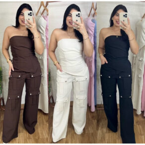 Conjunto Cargo Cropped Assimétrico Feminino Pantalona Tecido Sensorial Social Elegante Luxo Moda Feminina
