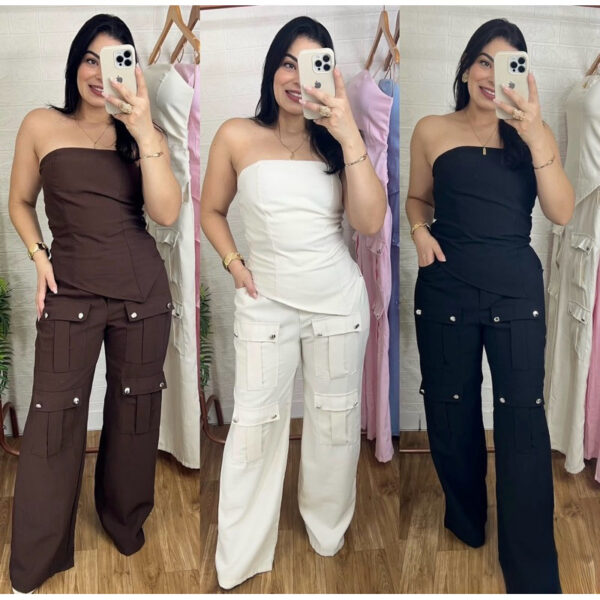 Conjunto Cargo Cropped Assimétrico Feminino Pantalona Tecido Sensorial Social Elegante Luxo Moda Feminina