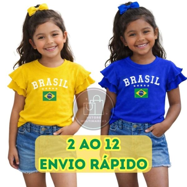 Blusa Infantil Brasil Menina 4 ao 12 Blusa Babado Infantil / Blusa Brasil Infantil Menina Camiseta Camisa Brasil Copa