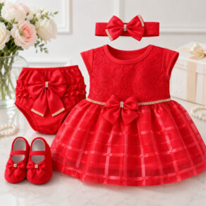 Kit 4 Peças 0 a 12 Meses Vestido Renda luxo+Calcinha Bunda Rica+Laço+Sapatinho Festa Batizado Aniversário Natal Ano novo