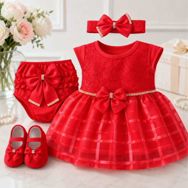Kit 4 Peças 0 a 12 Meses Vestido Renda luxo+Calcinha Bunda Rica+Laço+Sapatinho Festa Batizado Aniversário Natal Ano novo