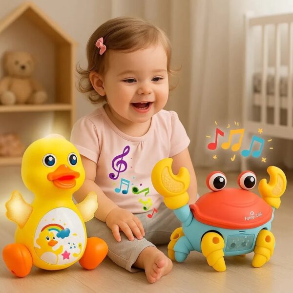 Pato Dançante + Caranguejo Fujão Conjunto Brinquedo Patinho Musical Luz Movimento Infantil