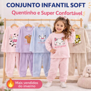 Kit 4 Peças Conjunto Infantil Soft Menina Inverno | Roupa Quentinha e Macia | P ao G (1 a 3 Anos) | Pijama Bebê Confortá