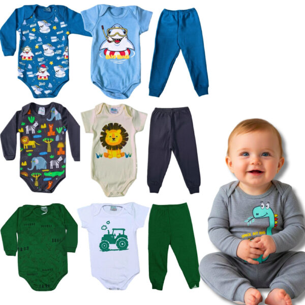 Kit 9 peças body Menino bebê Algodão manga longa manga curta e calça Masculino Tamanho RN P M G GG