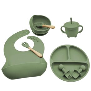 Kit Introdução Alimentar Bebê Silicone 8 Peças Prato Bowl Copo Babador Talheres - BPA Free (Verde)