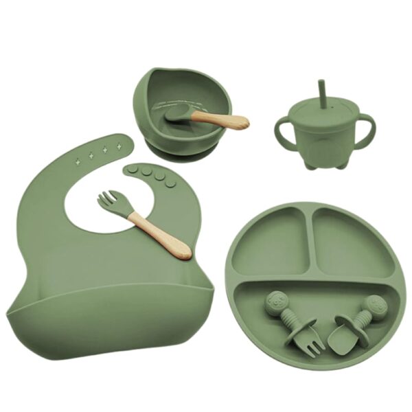 Kit Introdução Alimentar Bebê Silicone 8 Peças Prato Bowl Copo Babador Talheres - BPA Free (Verde)