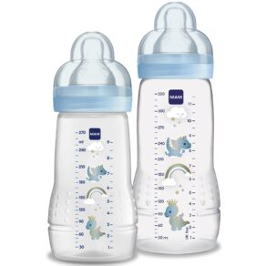 MAM Baby Kit 2 Mamadeiras Easy Active Set, 270ml e 330ml Com Formato Ergonômico e Fácil de Segurar para Crianças 2+ Meses com Bico de Silicone Skinsoft, Azul