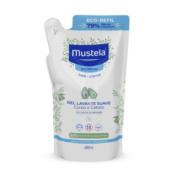 Mustela Refil Gel Lavante Suave 400ml - Sabonete Líquido Corpo e Cabelo para bebês e crianças – feito com 93% de ingredientes de origem natural - Mustela Bebê e Criança