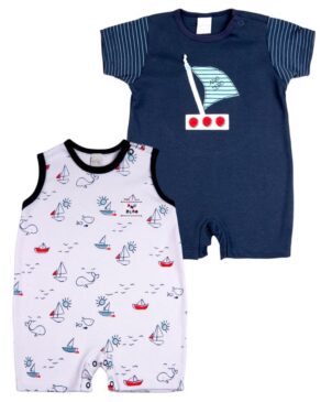 Macacao Bebe Menino Curto Suedine Liso e Estampado Kit Macacão Suedine Algodao Verao Barquinhos 2 Pç - Branco