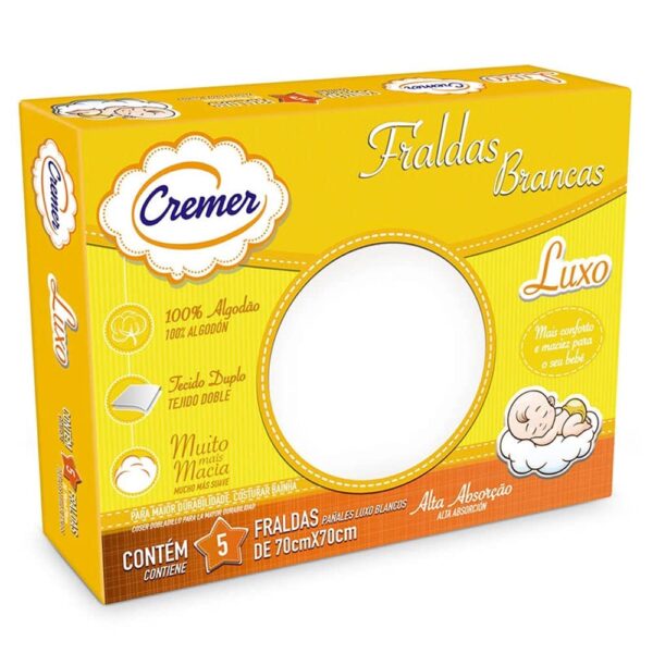 Cremer Fralda Luxo Branca 70 X 70 Cm PC Com 5 Unidades (Embalagem Pode Variar)